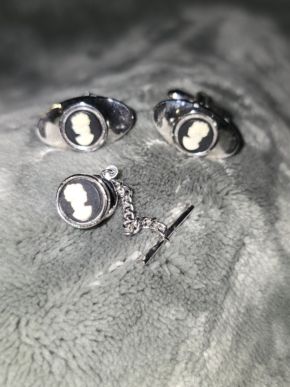 Silver Cameo Cufflinks and Tie Tack Set